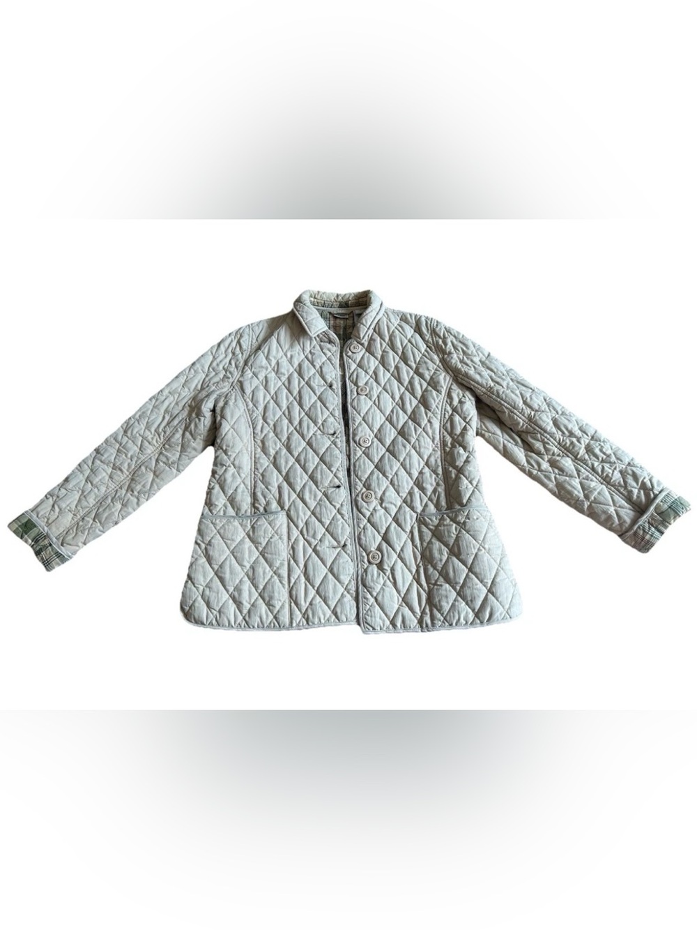 L.L.Bean Women's Medium Regular Quilted Jacket Tan Beige Plaid Lined Thermore